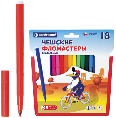 Фломастеры 18 ЦВЕТОВ CENTROPEN "Пингвины", смываемые, вентилируемый колпачок, 7790/18ET, 7 7790 1886