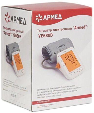 Тонометр АРМЕД YE680B, диапазон давления 0-280 мм рт. ст., диапазон пульса 40-200 уд/мин, автоматический, без поверки, 1977501