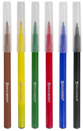 Фломастеры BRAUBERG "PREMIUM", 6 цветов, КЛАССИЧЕСКИЕ, вентилируемый колпачок, ПВХ-упаковка с европодвесом, 151933