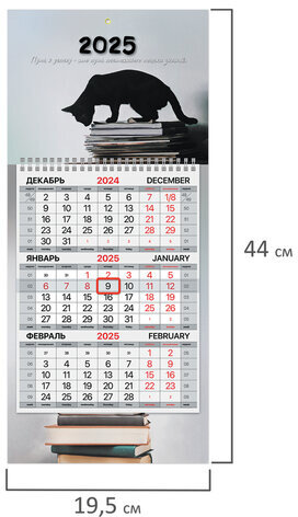 Календарь квартальный на 2025 г., 1 блок, 1 гребень, с бегунком, МИНИ, офсет, BRAUBERG, "Smart cat", 116123