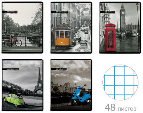 Тетрадь А5 48 л. АЛЬТ скоба, клетка, глянцевый лак, "Город и цвет" (5 видов), 7-48-1036