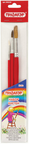 Кисти ПИФАГОР, набор 3 шт. (КОЗА: круглая № 3; ПОНИ: круглая № 4; пушно-меховая: круглая № 6), пакет с европодвесом, 200228