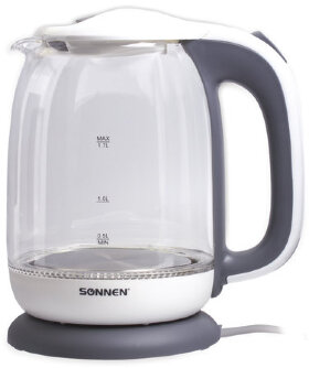 Чайник SONNEN KT-1792, 1,7 л, 2200 Вт, закрытый нагревательный элемент, стекло, белый, подсветка, 454348
