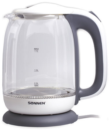 Чайник SONNEN KT-1792, 1,7 л, 2200 Вт, закрытый нагревательный элемент, стекло, белый, подсветка, 454348
