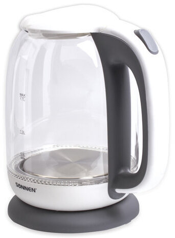 Чайник SONNEN KT-1792, 1,7 л, 2200 Вт, закрытый нагревательный элемент, стекло, белый, подсветка, 454348