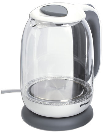 Чайник SONNEN KT-1792, 1,7 л, 2200 Вт, закрытый нагревательный элемент, стекло, белый, подсветка, 454348