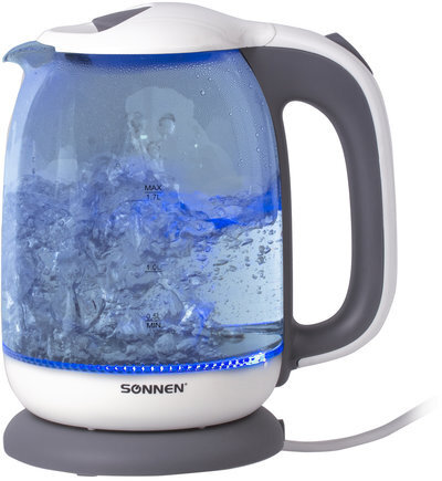 Чайник SONNEN KT-1792, 1,7 л, 2200 Вт, закрытый нагревательный элемент, стекло, белый, подсветка, 454348