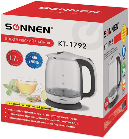 Чайник SONNEN KT-1792, 1,7 л, 2200 Вт, закрытый нагревательный элемент, стекло, белый, подсветка, 454348