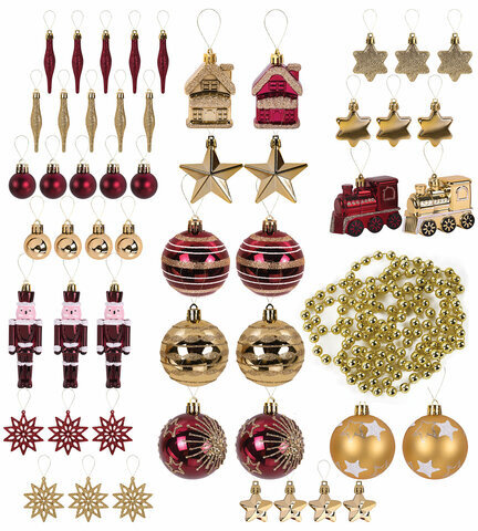 Шары ёлочные НАБОР 53 предмета, "Gold Wine", бордовый/золото, пластик, ЗОЛОТАЯ СКАЗКА, 592182