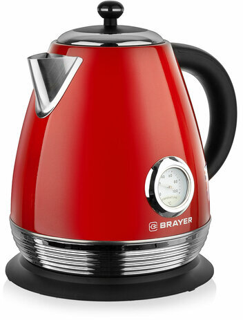 Чайник с термометром BRAYER BR1007RD, 1,7 л, 2200 Вт, закрытый нагревательный элемент, сталь, красный