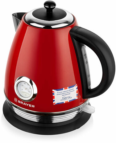 Чайник с термометром BRAYER BR1007RD, 1,7 л, 2200 Вт, закрытый нагревательный элемент, сталь, красный