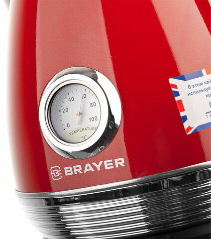 Чайник с термометром BRAYER BR1007RD, 1,7 л, 2200 Вт, закрытый нагревательный элемент, сталь, красный