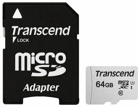 Карта памяти microSDXC 64 GB TRANSCEND UHS-I U1, 95 Мб/сек (class 10), адаптер, TS64GUSD300S-A