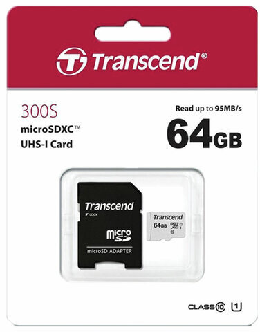 Карта памяти microSDXC 64 GB TRANSCEND UHS-I U1, 95 Мб/сек (class 10), адаптер, TS64GUSD300S-A