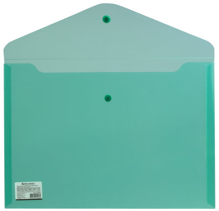 Папка-конверт с кнопкой BRAUBERG, А4, до 100 листов, прозрачная, зеленая, СВЕРХПРОЧНАЯ 0,18 мм, 224810