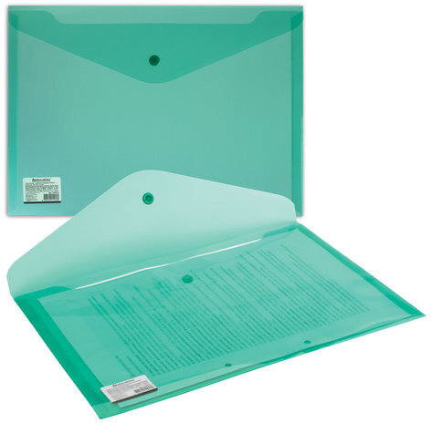 Папка-конверт с кнопкой BRAUBERG, А4, до 100 листов, прозрачная, зеленая, СВЕРХПРОЧНАЯ 0,18 мм, 224810