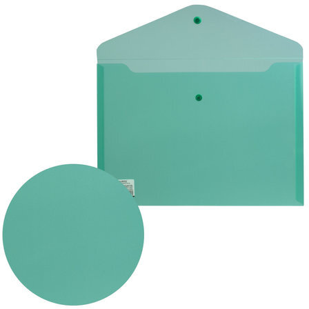 Папка-конверт с кнопкой BRAUBERG, А4, до 100 листов, прозрачная, зеленая, СВЕРХПРОЧНАЯ 0,18 мм, 224810