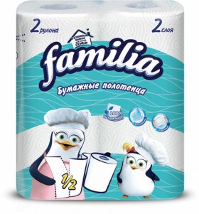 Полотенца бумажные бытовые, спайка 2 шт., 2-слойные (2х12 м), FAMILIA, 23x12,5 см, белые, 5083815