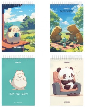 Скетчбук, белая бумага 100 г/м2, 140х201 мм, 60 л., гребень, жёсткая подложка, FUNSTER, АССОРТИ Funny pets, 116903