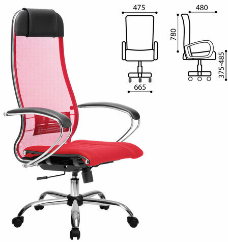 Кресло офисное МЕТТА "К-3" хром, ткань-сетка, сиденье и спинка регулируемые, красное