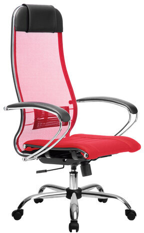 Кресло офисное МЕТТА "К-3" хром, ткань-сетка, сиденье и спинка регулируемые, красное