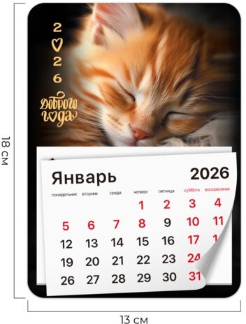 Календарь отрывной на магните на 2026 г., BRAUBERG, 130x180 мм, склейка, "Котик", 117289
