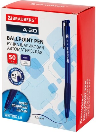 Ручка шариковая автоматическая BRAUBERG A-30 "WRITING 3.0", СИНЯЯ, пишущий узел 0,5 мм, линия письма 0,25 мм, 144339