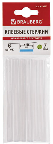 Клеевые стержни, диаметр 7 мм, длина 100 мм, белые, комплект 6 штук, BRAUBERG, европодвес, 670297