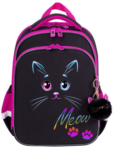 Ранец BRAUBERG QUADRO, 3 отделения, с брелоком, "Black cat", 37х28х18 см, 271358