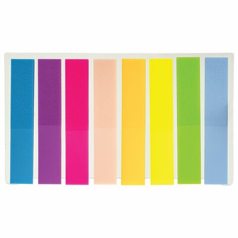 Закладки клейкие STAFF, НЕОНОВЫЕ пластиковые, 45х8 мм, 8 цветов х 20 листов, на пластиковом основании, 129354