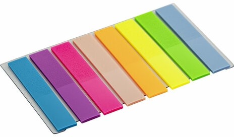 Закладки клейкие STAFF, НЕОНОВЫЕ пластиковые, 45х8 мм, 8 цветов х 20 листов, на пластиковом основании, 129354