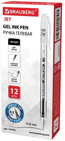 Ручка гелевая BRAUBERG "Jet", ЧЕРНАЯ, корпус прозрачный, узел 0,5 мм, линия письма 0,35 мм, 141018