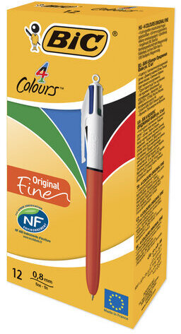 Ручка шариковая автоматическая BIC "4 Colours", 4 цвета (синий, черный, красный, зеленый), узел 0,8 мм, линия письма 0,3 мм, 889971