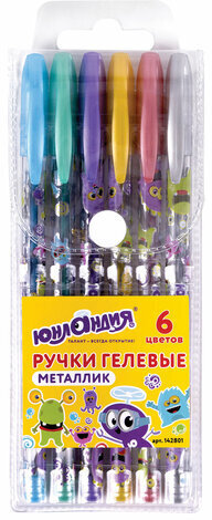 Ручки гелевые ЮНЛАНДИЯ, НАБОР 6 ЦВЕТОВ, МЕТАЛЛИК, с печатью, узел 0,7 мм, линия письма 0,5 мм, 142801