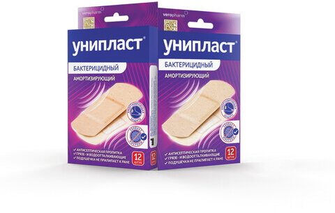Набор лейкопластырей бактерицидных 12 шт. УНИПЛАСТ, 1,9х7,2 см, амортизирующие, 20034948