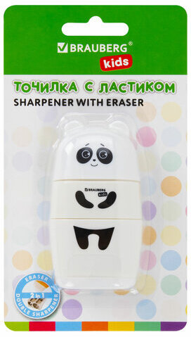 Точилка с ластиком 2 в 1 BRAUBERG KIDS &quot;Панда&quot;, 2 отверстия, блистер, 271988