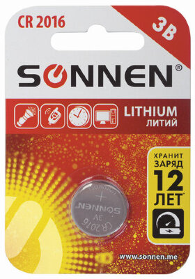 Батарейка SONNEN Lithium, CR2016, литиевая, 1 шт., в блистере, 451972