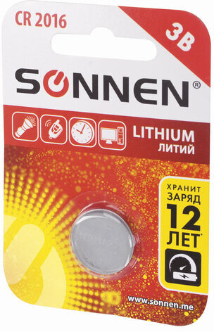 Батарейка SONNEN Lithium, CR2016, литиевая, 1 шт., в блистере, 451972