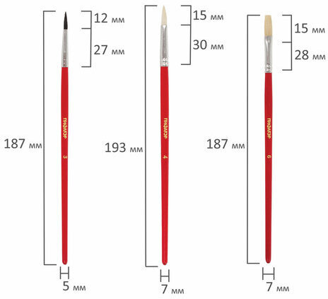 Кисти ПИФАГОР, набор 3 шт. (БЕЛКА: круглая № 3; КОЗА: круглая № 4; ЩЕТИНА: плоская № 6), пакет с европодвесом, 200229