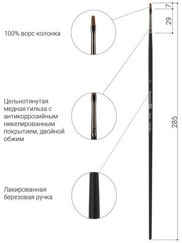 Кисть художественная проф. BRAUBERG ART CLASSIC, колонок, плоская, № 2, длинная ручка, 200936