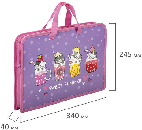 Папка на молнии с ручками ЮНЛАНДИЯ А4, 1 отделение, пластик, ширина 45 мм, "Sweet", 270947