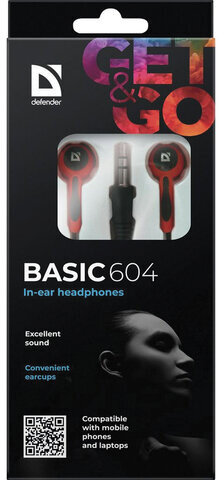 Наушники DEFENDER Basic 604, проводные, 1,1 м, вкладыши, черные с красным, 63605