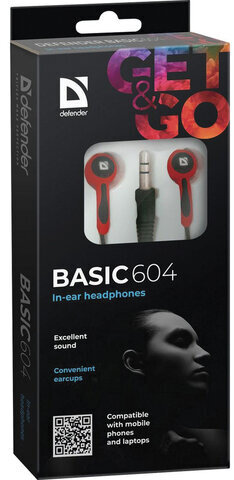 Наушники DEFENDER Basic 604, проводные, 1,1 м, вкладыши, черные с красным, 63605
