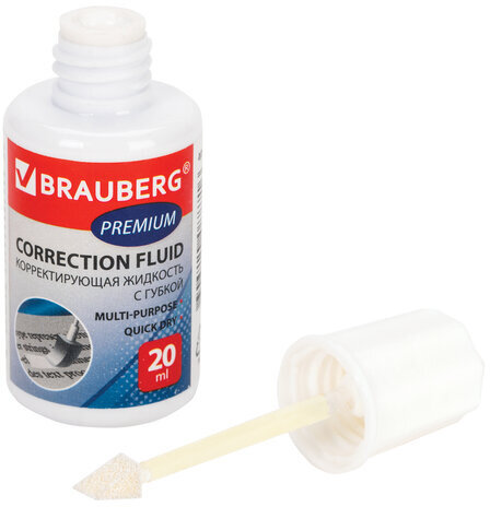 Корректирующая жидкость BRAUBERG "Premium", быстросохнущая, 20 мл, ЯРКО-БЕЛАЯ, с губкой, 224090