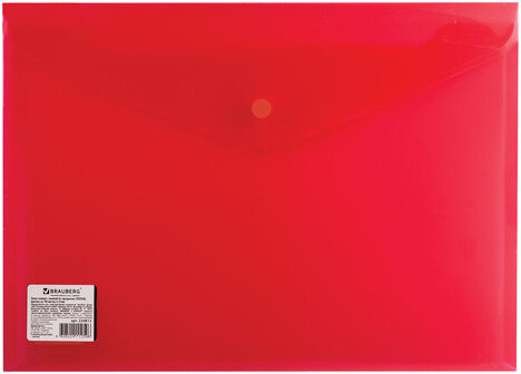Папка-конверт с кнопкой BRAUBERG, А4, до 100 листов, прозрачная, красная, СВЕРХПРОЧНАЯ 0,18 мм, 224812