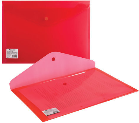Папка-конверт с кнопкой BRAUBERG, А4, до 100 листов, прозрачная, красная, СВЕРХПРОЧНАЯ 0,18 мм, 224812