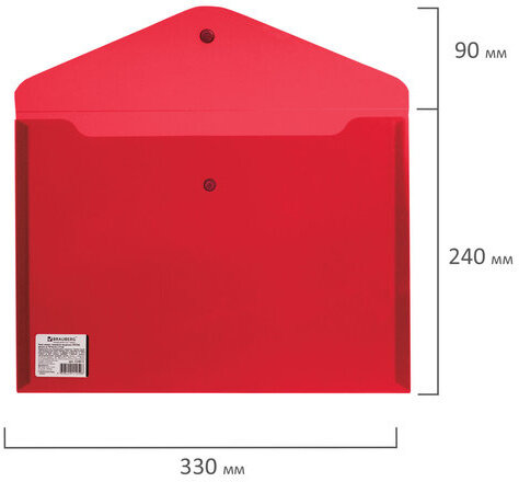 Папка-конверт с кнопкой BRAUBERG, А4, до 100 листов, прозрачная, красная, СВЕРХПРОЧНАЯ 0,18 мм, 224812