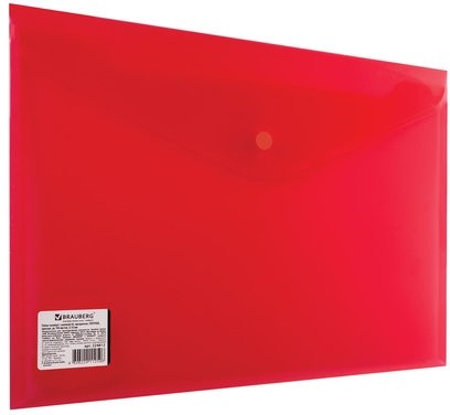 Папка-конверт с кнопкой BRAUBERG, А4, до 100 листов, прозрачная, красная, СВЕРХПРОЧНАЯ 0,18 мм, 224812