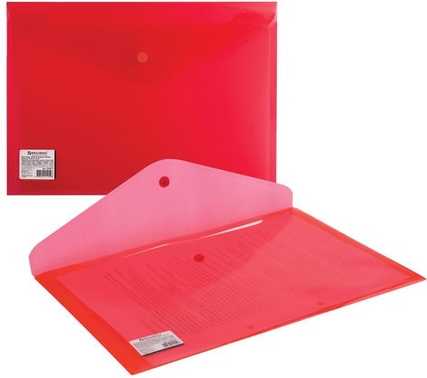 Папка-конверт с кнопкой BRAUBERG, А4, до 100 листов, прозрачная, красная, СВЕРХПРОЧНАЯ 0,18 мм, 224812