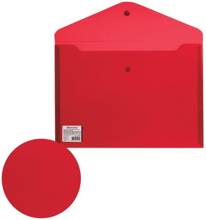 Папка-конверт с кнопкой BRAUBERG, А4, до 100 листов, прозрачная, красная, СВЕРХПРОЧНАЯ 0,18 мм, 224812